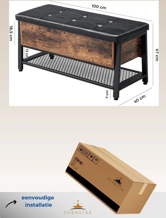 FurnStar Schoenenbank - Gestoffeerde zitting en schoenenrek - Wandbed met opbergruimte - Multifunctionele kast - Gang - Slaapkamer - Staal - Imitatieleer - Vintage bruin-zwart