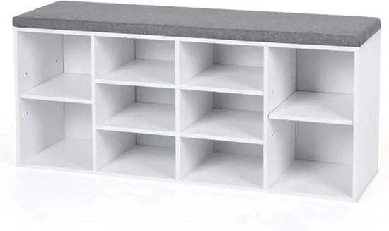 FurnStar - Schoenenbank Met Kussen - Opbergbank Met Gevoerde Zitting - Halbank Met 10 Compartimenten - Voor Slaapkamer - 104x30x48 cm - Wolkenwit En Duifgrijs