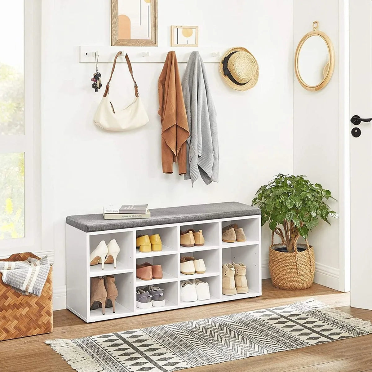 FurnStar - Schoenenbank Met Kussen - Opbergbank Met Gevoerde Zitting - Halbank Met 10 Compartimenten - Voor Slaapkamer - 104x30x48 cm - Wolkenwit En Duifgrijs