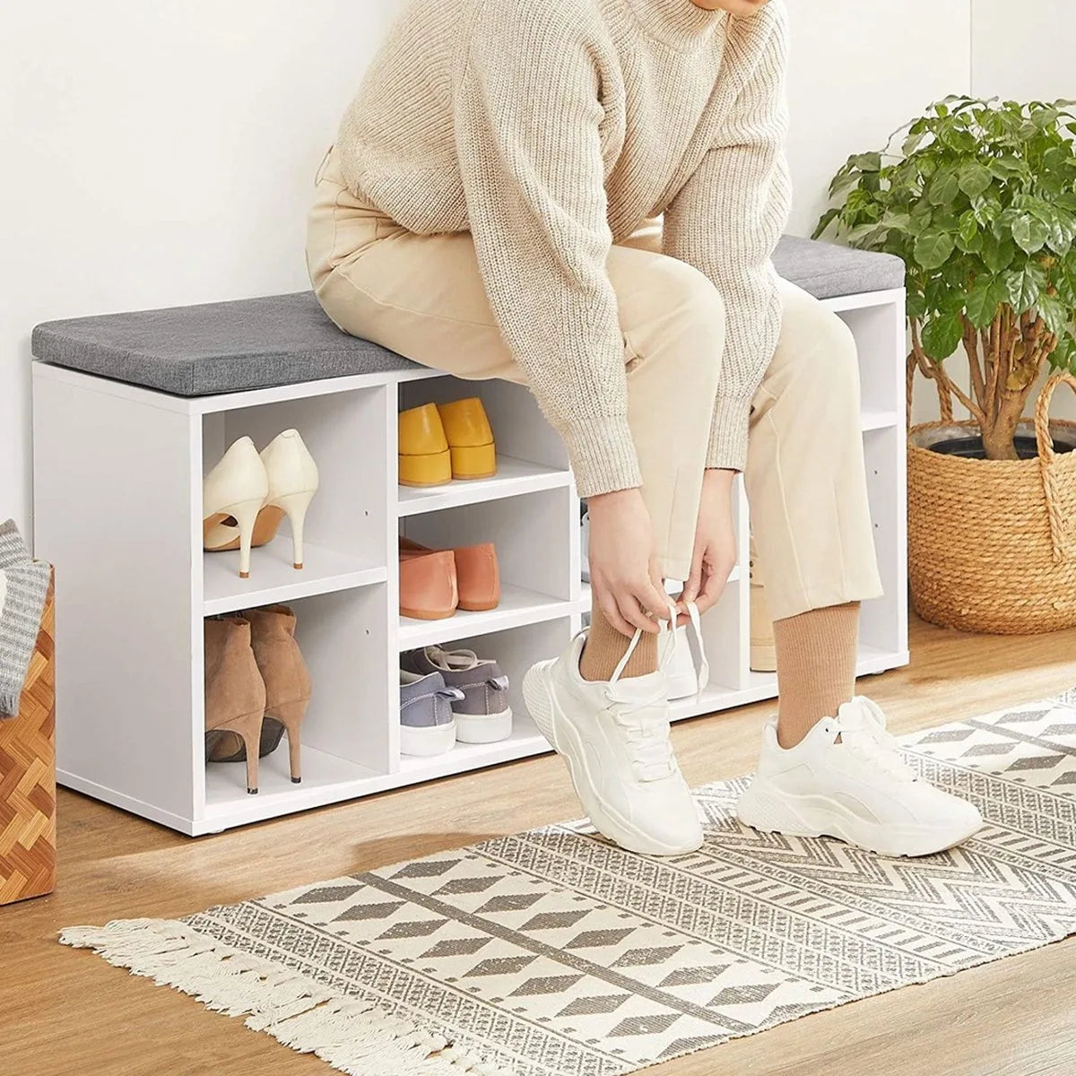 FurnStar - Schoenenbank Met Kussen - Opbergbank Met Gevoerde Zitting - Halbank Met 10 Compartimenten - Voor Slaapkamer - 104x30x48 cm - Wolkenwit En Duifgrijs