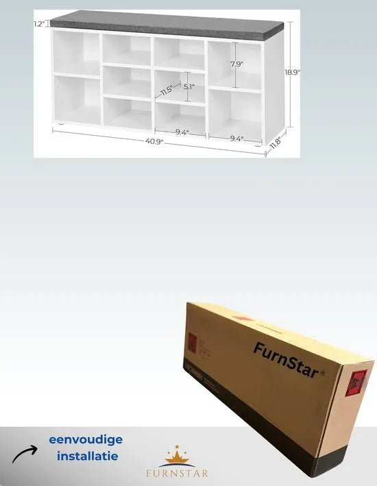 FurnStar - Schoenenbank Met Kussen - Opbergbank Met Gevoerde Zitting - Halbank Met 10 Compartimenten - Voor Slaapkamer - 104x30x48 cm - Wolkenwit En Duifgrijs