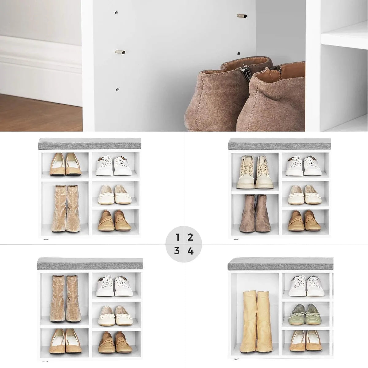 FurnStar - Schoenenbank Met Kussen - Opbergbank Met Gevoerde Zitting - Halbank Met 10 Compartimenten - Voor Slaapkamer - 104x30x48 cm - Wolkenwit En Duifgrijs