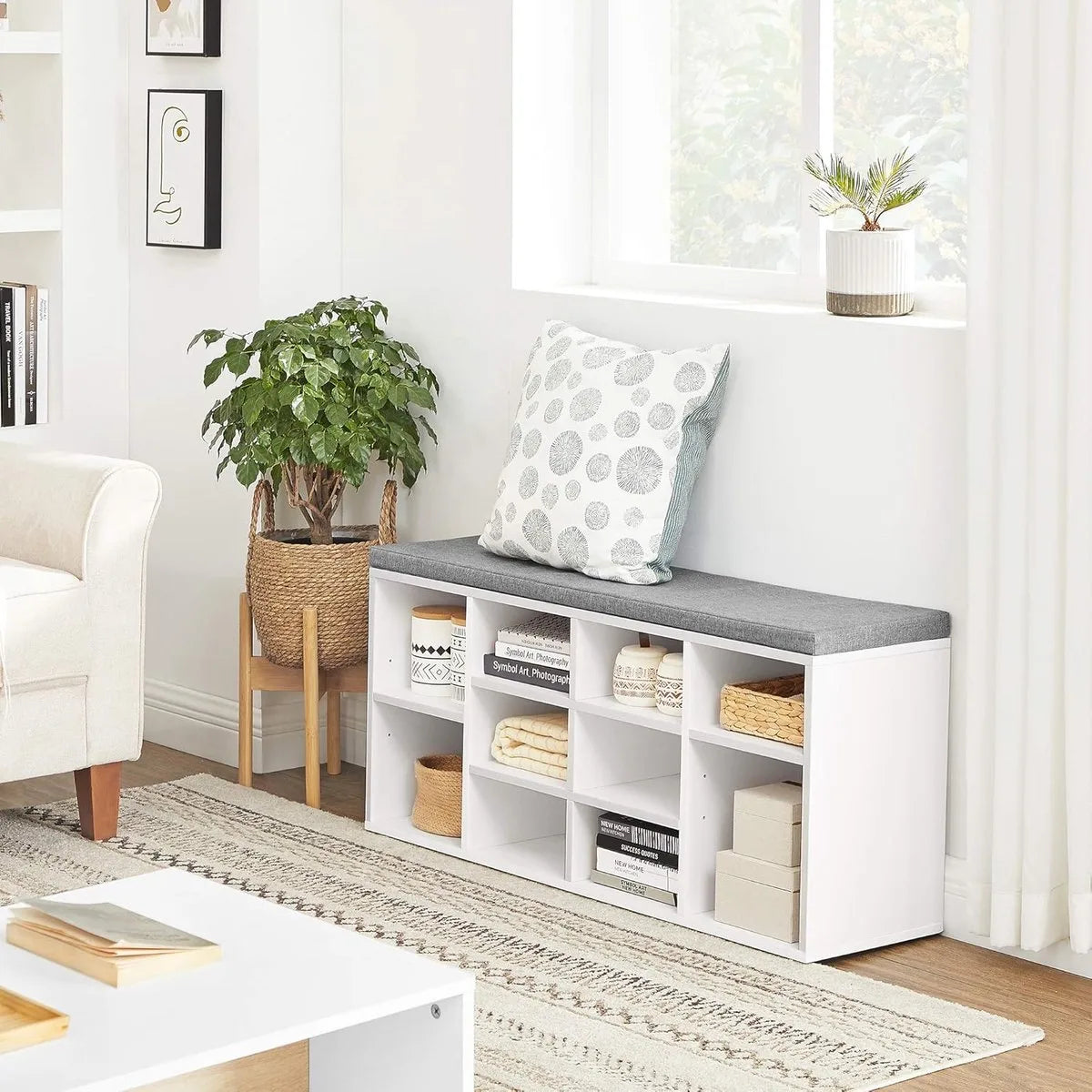 FurnStar - Schoenenbank Met Kussen - Opbergbank Met Gevoerde Zitting - Halbank Met 10 Compartimenten - Voor Slaapkamer - 104x30x48 cm - Wolkenwit En Duifgrijs