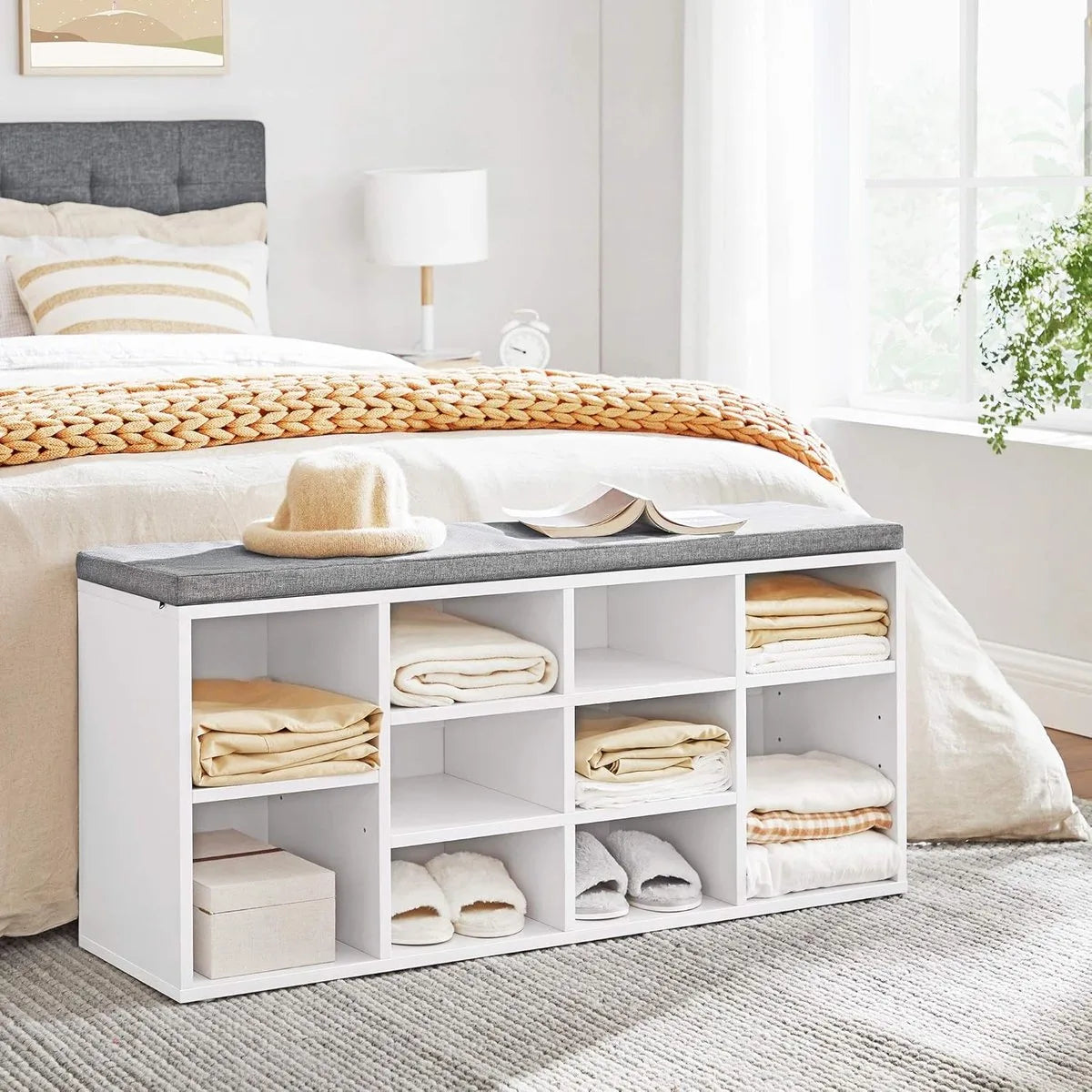 FurnStar - Schoenenbank Met Kussen - Opbergbank Met Gevoerde Zitting - Halbank Met 10 Compartimenten - Voor Slaapkamer - 104x30x48 cm - Wolkenwit En Duifgrijs