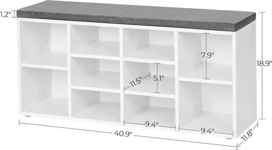 FurnStar - Schoenenbank Met Kussen - Opbergbank Met Gevoerde Zitting - Halbank Met 10 Compartimenten - Voor Slaapkamer - 104x30x48 cm - Wolkenwit En Duifgrijs