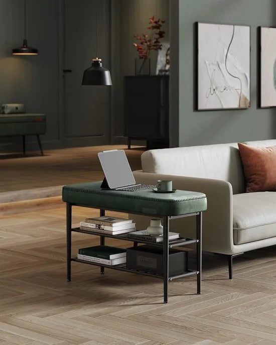 FurnStar Schoenenbank – Zitbank – Entreebank met Opbergruimte – Kunstleer met Stiksels – Jaren ’60 Moderne Stijl – Tot 135 kg – 30 x 80 x 50 cm – Inktzwart – Groen