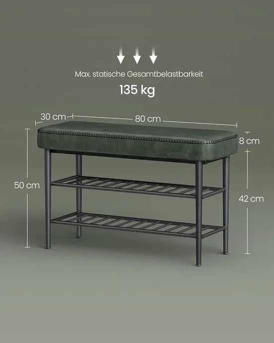 FurnStar Schoenenbank – Zitbank – Entreebank met Opbergruimte – Kunstleer met Stiksels – Jaren ’60 Moderne Stijl – Tot 135 kg – 30 x 80 x 50 cm – Inktzwart – Groen