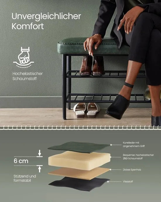 FurnStar Schoenenbank – Zitbank – Entreebank met Opbergruimte – Kunstleer met Stiksels – Jaren ’60 Moderne Stijl – Tot 135 kg – 30 x 80 x 50 cm – Inktzwart – Groen