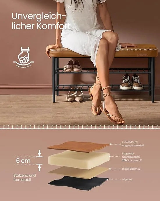FurnStar Schoenenbank – Zitkist en Zitbank – Entreebank met Opbergruimte – Kunstleer met Stiksels – Jaren ’60 Moderne Stijl – Tot 135 kg – 30 x 80 x 50 cm – Bruin – 30 x 100 x 50cm