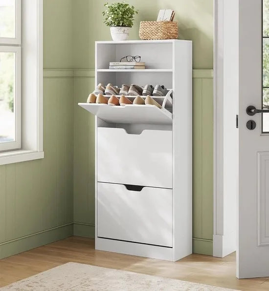 FurnStar - Schoenenkast Met 3 Kleppen - Schoenenrek - Open Vak - Verstelbare Scheidingswand - Voor 14-18 Paar Schoenen - Voor De Hal - 24 X 60 X 139 cm - Wolkenwit