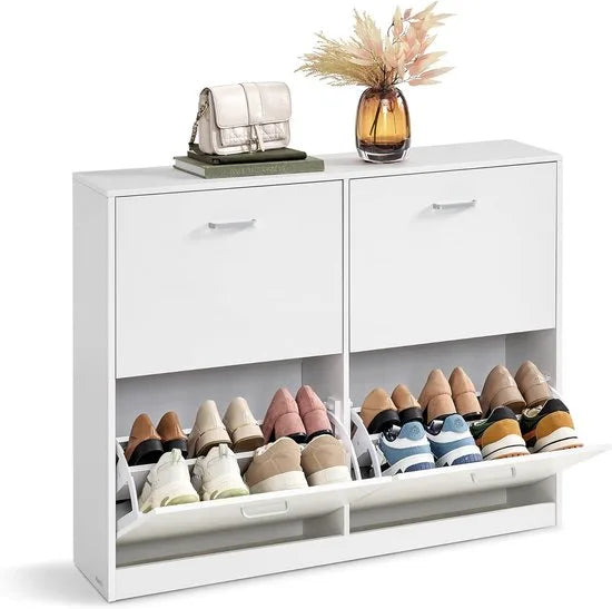 FurnStar – Schoenenkast met 4 kleppen – Ruimtebesparend schoenenrek met verstelbare scheidingswand – Voor 16-28 paar schoenen – Halmeubel – Sneeuwwit – 24 x 105,5 x 82,7 cm