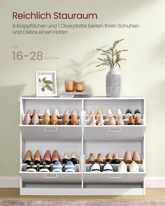 FurnStar – Schoenenkast met 4 kleppen – Ruimtebesparend schoenenrek met verstelbare scheidingswand – Voor 16-28 paar schoenen – Halmeubel – Sneeuwwit – 24 x 105,5 x 82,7 cm