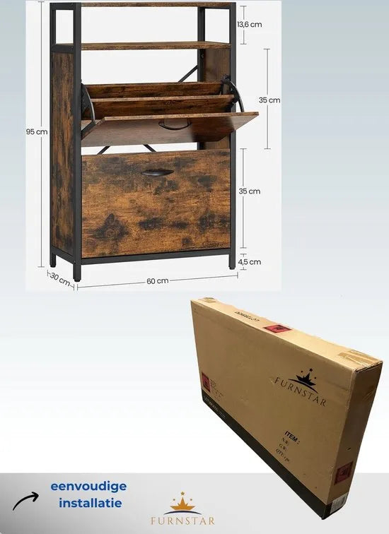 FurnStar Schoenenkast - Schoenenbank - Schoenenrek - Schoenenrek Metaal Hout - Schoenenrek Zwart - 60 x 30 x 95 cm - Vintage Bruin Zwart