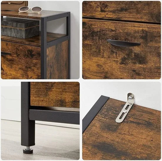 FurnStar Schoenenkast - Schoenenbank - Schoenenrek - Schoenenrek Metaal Hout - Schoenenrek Zwart - 60 x 30 x 95 cm - Vintage Bruin Zwart