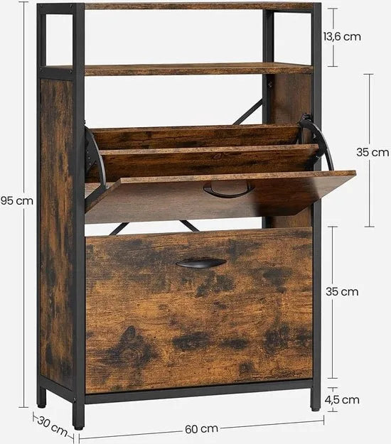 FurnStar Schoenenkast - Schoenenbank - Schoenenrek - Schoenenrek Metaal Hout - Schoenenrek Zwart - 60 x 30 x 95 cm - Vintage Bruin Zwart