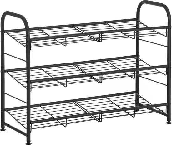 FurnStar - Schoenenrek - 2-laags stapelbaar schoenenrek - metalen schoenenorganizer met verstelbare platte of schuine planken - 68,5 x 27,5 x 49,5 cm - zwart
