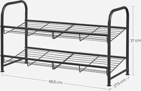 FurnStar - Schoenenrek - 2-laags stapelbaar schoenenrek - metalen schoenenorganizer met verstelbare platte of schuine planken - 68,5 x 27,5 x 49,5 cm - zwart – 27.5 x 68.5 x 37cm