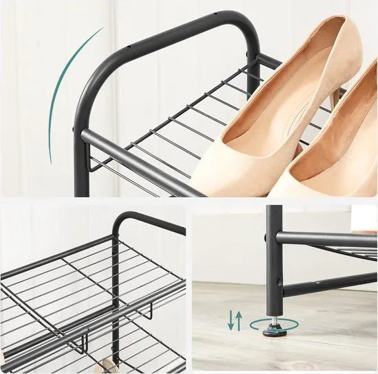 FurnStar - Schoenenrek - 2-laags stapelbaar schoenenrek - metalen schoenenorganizer met verstelbare platte of schuine planken - 68,5 x 27,5 x 49,5 cm - zwart – 27.5 x 68.5 x 37cm