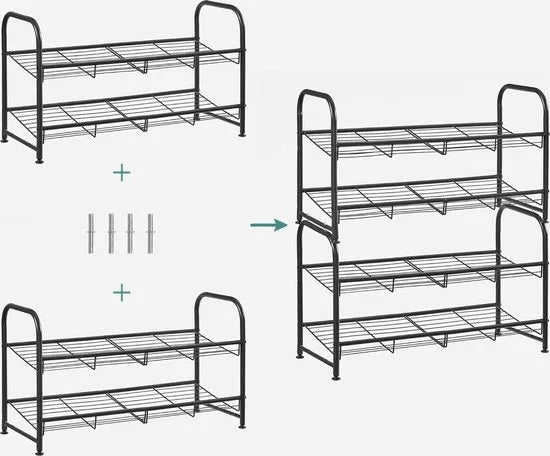 FurnStar - Schoenenrek - 2-laags stapelbaar schoenenrek - metalen schoenenorganizer met verstelbare platte of schuine planken - 27.5 x 68.5 x 37 cm - zwart