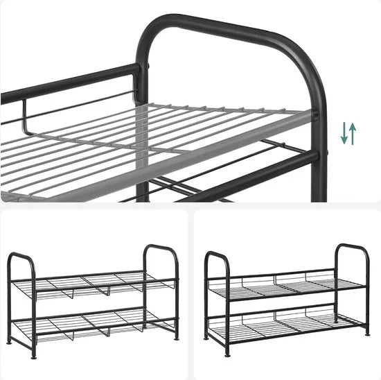 FurnStar - Schoenenrek - 2-laags stapelbaar schoenenrek - metalen schoenenorganizer met verstelbare platte of schuine planken - 27.5 x 68.5 x 37 cm - zwart