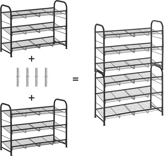 FurnStar - Schoenenrek - 2-laags stapelbaar schoenenrek - metalen schoenenorganizer met verstelbare platte of schuine planken - 68,5 x 27,5 x 49,5 cm - zwart