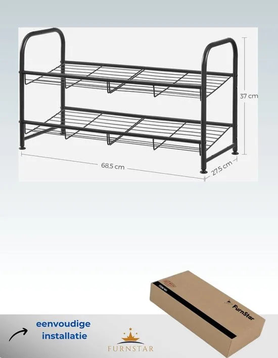 FurnStar - Schoenenrek - 2-laags stapelbaar schoenenrek - metalen schoenenorganizer met verstelbare platte of schuine planken - 27.5 x 68.5 x 37 cm - zwart