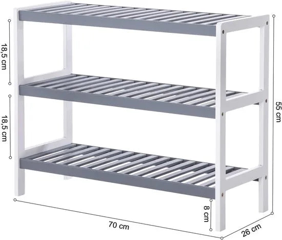 Furnstar Schoenenrek – 3 Laags Bamboe Schoenenrek – 70 x 26 x 55 cm – Voor Entree, Badkamer & Woonkamer – Wit & Grijs