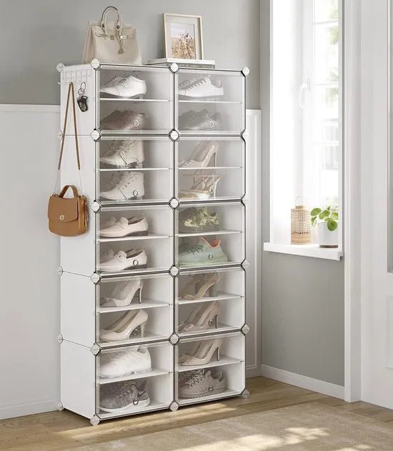 FurnStar - Schoenenrek met 10 vakken - schoenenkast - 30 x 40 x 30 cm per vak - smal - met deuren - stalen frame - kunststof - voor hal - slaapkamer - entree - wit