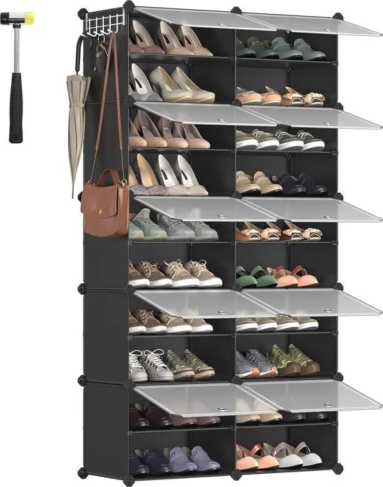 FurnStar - Schoenenrek met 10 vakken - schoenenkast - 30 x 40 x 30 cm per vak - smal - met deuren - stalen frame - kunststof - voor hal - slaapkamer - entree - wit – Zwart