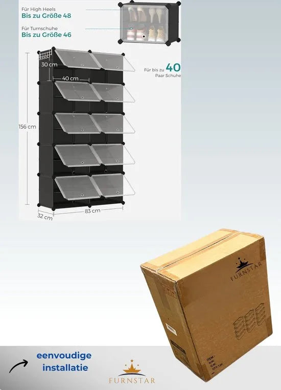 FurnStar - Schoenenrek met 10 vakken - schoenenkast - 30 x 40 x 30 cm per vak - smal - met deuren - stalen frame - kunststof - voor hal - slaapkamer - entree - wit – Zwart