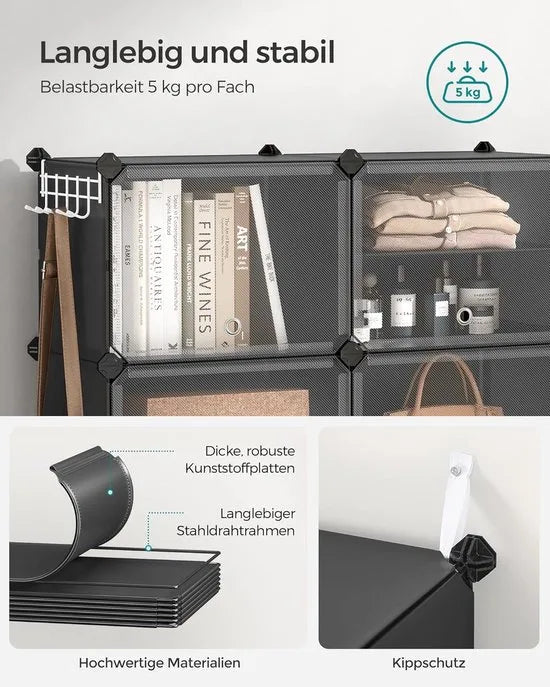 FurnStar - Schoenenrek met 10 vakken - schoenenkast - 30 x 40 x 30 cm per vak - smal - met deuren - stalen frame - kunststof - voor hal - slaapkamer - entree - wit – Zwart