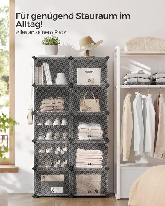 FurnStar - Schoenenrek met 10 vakken - schoenenkast - 30 x 40 x 30 cm per vak - smal - met deuren - stalen frame - kunststof - voor hal - slaapkamer - entree - wit – Zwart