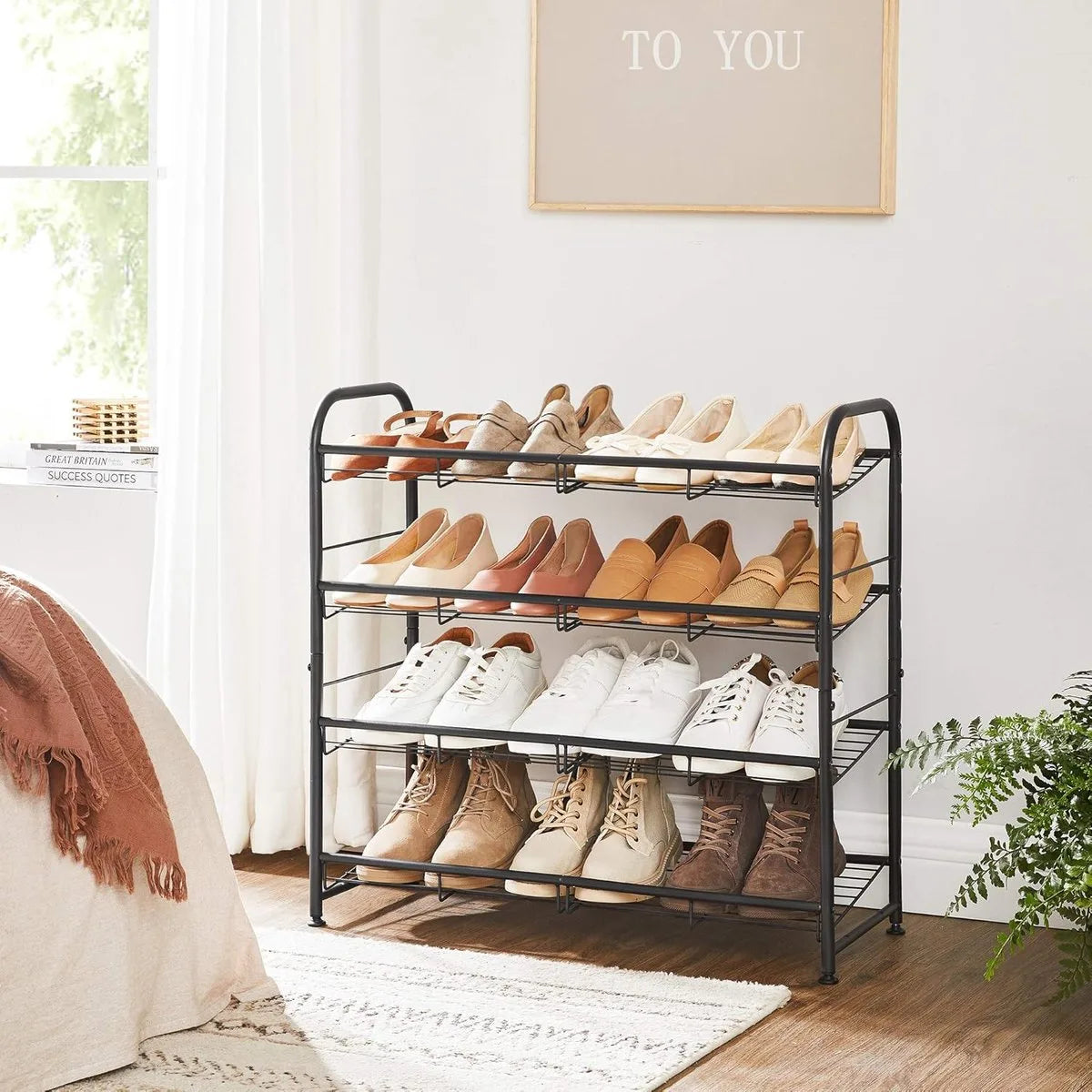 FurnStar - Schoenenrek met 4 niveaus, stapelbaar opbergrek, tot 16 paar, metaal, 68,5 x 27,5 x 65 cm, voor hoge hakken, sneakers, pantoffels, in de entree, zwart