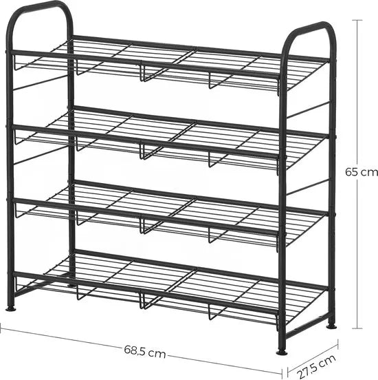 FurnStar - Schoenenrek met 4 niveaus, stapelbaar opbergrek, tot 16 paar, metaal, 68,5 x 27,5 x 65 cm, voor hoge hakken, sneakers, pantoffels, in de entree, zwart