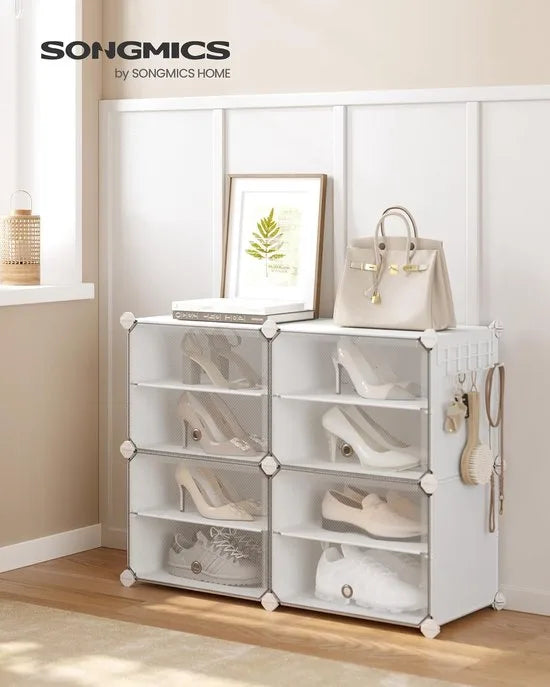 FurnStar - Schoenenrek met 4 vakken - schoenenkast - 30 x 40 x 30 cm per vak - smal - met deuren - stalen frame - kunststof - voor hal - slaapkamer - entree - wit