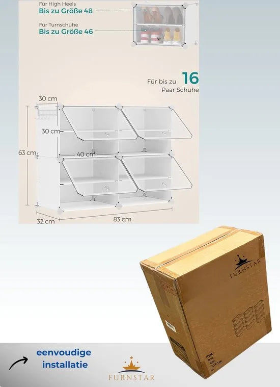 FurnStar - Schoenenrek met 4 vakken - schoenenkast - 30 x 40 x 30 cm per vak - smal - met deuren - stalen frame - kunststof - voor hal - slaapkamer - entree - wit