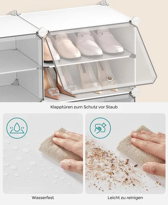 FurnStar - Schoenenrek met 4 vakken - schoenenkast - 30 x 40 x 30 cm per vak - smal - met deuren - stalen frame - kunststof - voor hal - slaapkamer - entree - wit