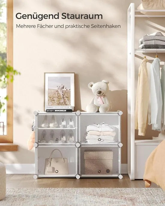 FurnStar - Schoenenrek met 4 vakken - schoenenkast - 30 x 40 x 30 cm per vak - smal - met deuren - stalen frame - kunststof - voor hal - slaapkamer - entree - wit