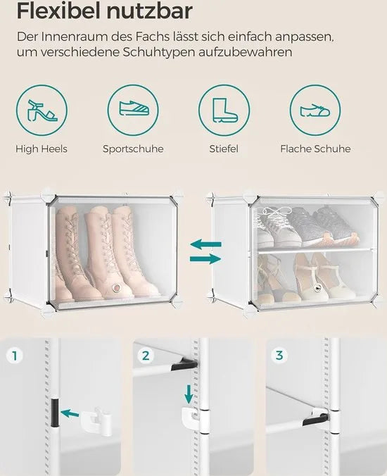 FurnStar - Schoenenrek met 4 vakken - schoenenkast - 30 x 40 x 30 cm per vak - smal - met deuren - stalen frame - kunststof - voor hal - slaapkamer - entree - wit