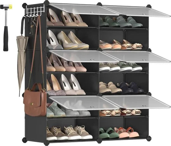 FurnStar - Schoenenrek met 6 vakken - schoenenkast - 30 x 40 x 30 cm per vak - smal - met deuren - stalen frame - kunststof - voor hal - slaapkamer - entree - wit – Zwart