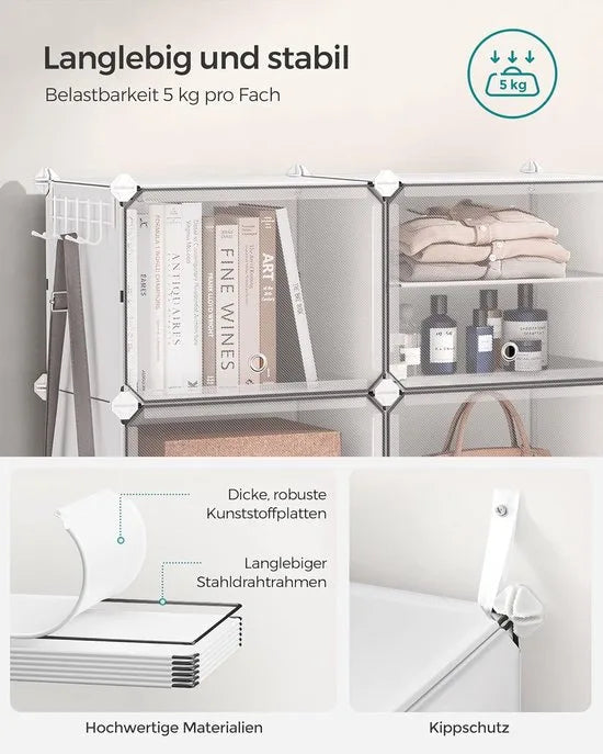 FurnStar - Schoenenrek met 6 vakken - schoenenkast - 30 x 40 x 30 cm per vak - smal - met deuren - stalen frame - kunststof - voor hal - slaapkamer - entree - wit