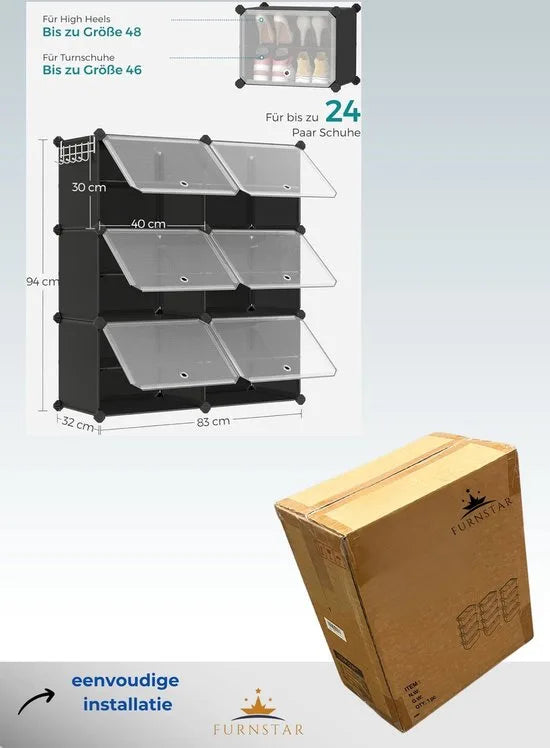 FurnStar - Schoenenrek met 6 vakken - schoenenkast - 30 x 40 x 30 cm per vak - smal - met deuren - stalen frame - kunststof - voor hal - slaapkamer - entree - wit – Zwart