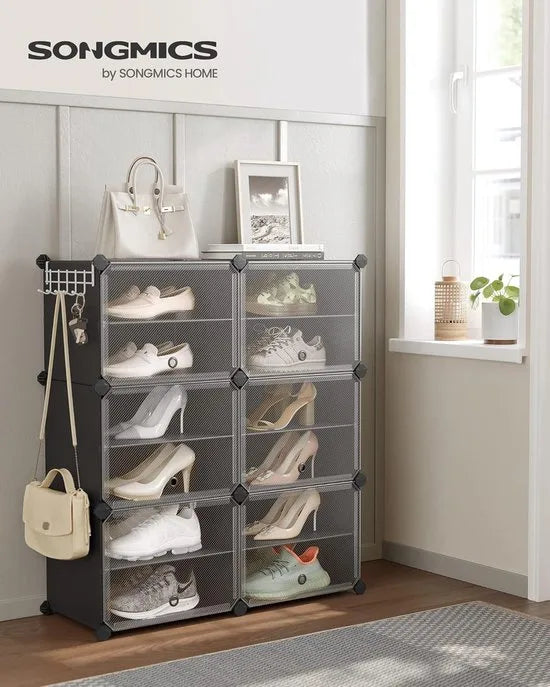 FurnStar - Schoenenrek met 6 vakken - schoenenkast - 30 x 40 x 30 cm per vak - smal - met deuren - stalen frame - kunststof - voor hal - slaapkamer - entree - wit – Zwart