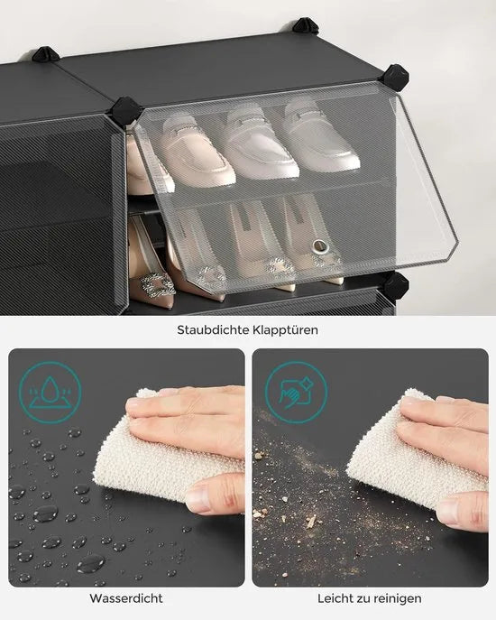 FurnStar - Schoenenrek met 6 vakken - schoenenkast - 30 x 40 x 30 cm per vak - smal - met deuren - stalen frame - kunststof - voor hal - slaapkamer - entree - wit – Zwart