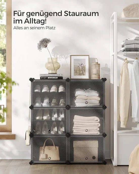 FurnStar - Schoenenrek met 6 vakken - schoenenkast - 30 x 40 x 30 cm per vak - smal - met deuren - stalen frame - kunststof - voor hal - slaapkamer - entree - wit – Zwart