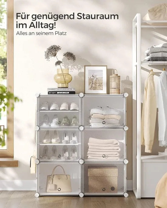 FurnStar - Schoenenrek met 6 vakken - schoenenkast - 30 x 40 x 30 cm per vak - smal - met deuren - stalen frame - kunststof - voor hal - slaapkamer - entree - wit