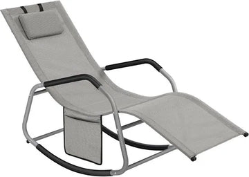 FurnStar Schommelstoel – Ligstoel met Verstelbare Hoofdsteun – Stopper voor Kantelbeveiliging – Ergonomisch Design – Zijvak – Ademend Kunstvezelweefsel – 151 x 56 x 90 cm – Duifgrijs