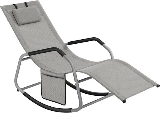 FurnStar Schommelstoel – Ligstoel met Verstelbare Hoofdsteun – Stopper voor Kantelbeveiliging – Ergonomisch Design – Zijvak – Ademend Kunstvezelweefsel – 151 x 56 x 90 cm – Duifgrijs