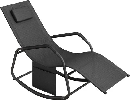 FurnStar Schommelstoel – Ligstoel met Verstelbare Hoofdsteun – Stopper voor Kantelbeveiliging – Ergonomisch Design – Zijvak – Ademend Kunstvezelweefsel – 151 x 56 x 90 cm – Duifgrijs – Zwart