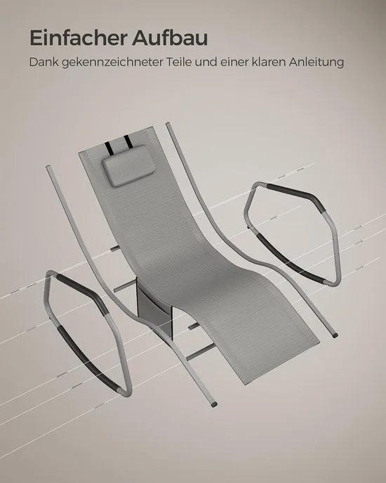 FurnStar Schommelstoel – Ligstoel met Verstelbare Hoofdsteun – Stopper voor Kantelbeveiliging – Ergonomisch Design – Zijvak – Ademend Kunstvezelweefsel – 151 x 56 x 90 cm – Duifgrijs